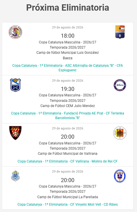 Futbaix_byluis's tweet photo. #CopaCatalunya #FutbolBaixLlobregat

✅ Confirmado en la página web de la @FCF_CAT los horarios delos cuatro encuentros con representación del #BaixLlobregat:

◾️ 29/08 - 18h - @aso_albirrojita "B" - @CFAEspluguenc.
◾️ 29/08 - 19:30h - Fundació Privada AE Prat - @CBTERLENKA "B".
◾️ 29/08 - 20h - @VinyetsMoliVell - @cdribes.
◾️ 29/08 - 20h - @cfvallirana - @molinscf.

#Futbolcat #TerceraCatalana #3cat #SegonaCatalana #2cat #3cat11 #3cat12 #2cat4 #CFAEspluguenc #FundacioPrivadaAEPrat #CFVinyetsMoliVell #CFTerlenkaBarcelonistaB #CFVallirana #MolinsReiCF #CopaCat #CopaCatalunyaMasc