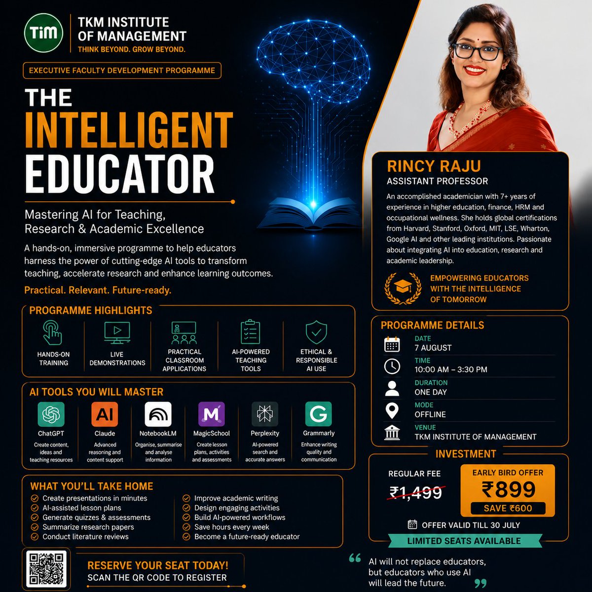 tkmimtweets's tweet photo. Transform your teaching with AI. Join the Executive Faculty Development Programme – "The Intelligent Educator" and gain hands-on experience with practical AI tools for education. 
Limited seats.   Register today!
  
#TKMInstituteOfManagement #TeachingWithAI #FacultyDevelopment https://t.co/jkzfbROJeo