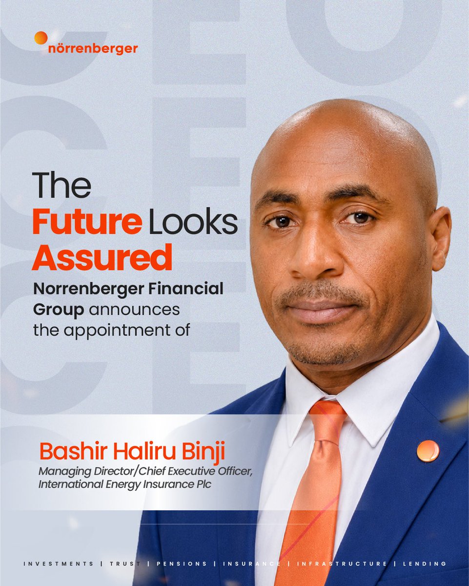 Norrenberger's tweet photo. A New Chapter Begins with Purposeful Leadership

Norrenberger Financial Group is pleased to announce the appointment of Bashir Haliru Binji as the Managing Director/Chief Executive Officer of International Energy Insurance Plc (@ieiplcng).

A seasoned industry leader with a proven track record of delivering strategic growth and transformational leadership, Bashir assumes this role at a defining moment in IEI’s evolution. His wealth of experience, clear strategic vision, and unwavering commitment to excellence position IEI for its next phase of sustainable growth, innovation, and long-term value creation.

We congratulate Bashir on his appointment and wish him every success as he leads IEI into an exciting new era of impact and progress.

#Norrenberger #IEI #Leadership #EnergyToCare