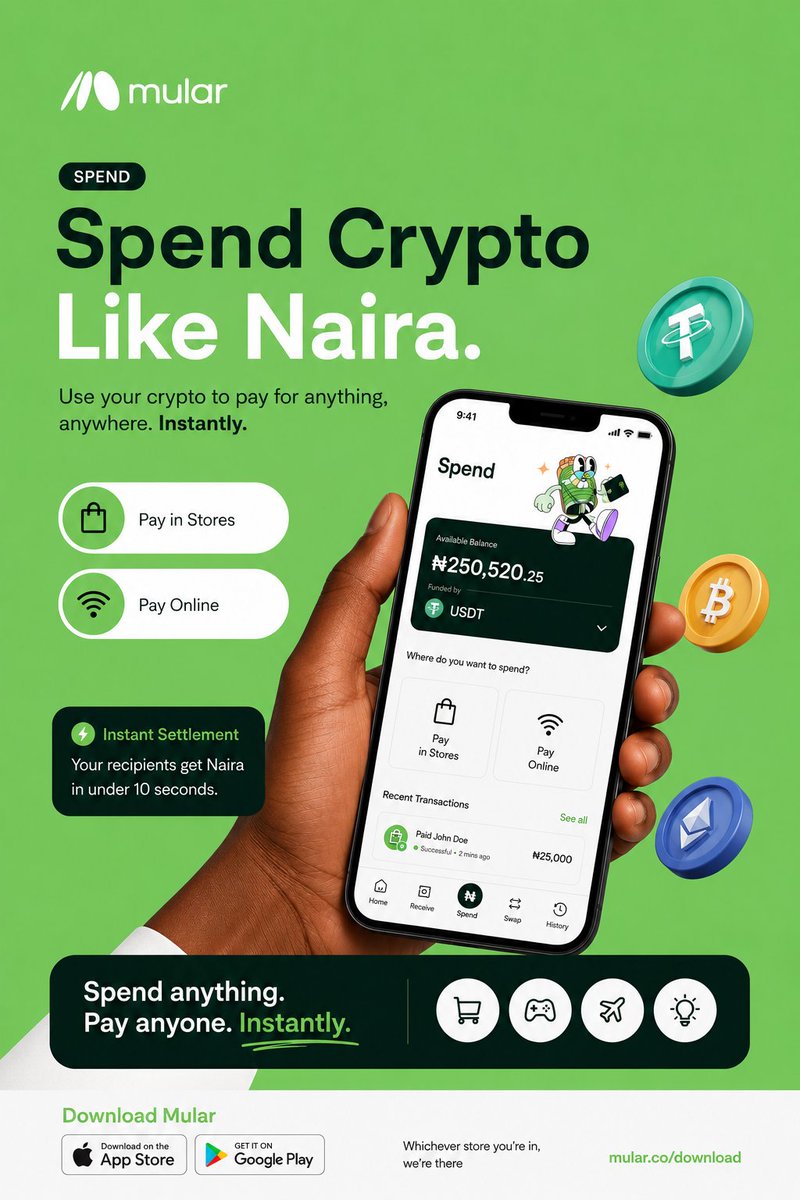 paywithmular's tweet photo. 10 seconds!

That's how quick you can spend your $USDT and several crypto anywhere you need Naira without waiting for a P2P vendor again.
Just tap send⚡ https://t.co/jFktndA0D3