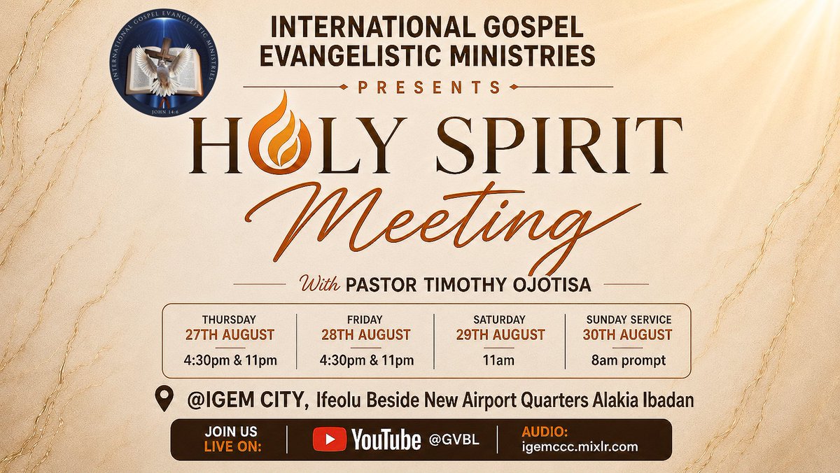igemcity's tweet photo. It's time for a fresh encounter with the Holy Spirit.
Don't settle for yesterday's experience. Join us for a meeting that will ignite your faith and renew your spiritual strength.
Come and encounter the power of God!

#igemccc #HolySpiritMeeting #Holyspirit #Revival #PowerOfGod https://t.co/VZGZ6z4Yqx