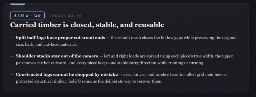 blackthornlabs's tweet photo. Dev Log 36: Carried timber is closed, stable, and reusable.

Full notes: https://t.co/beaY2TpiUS

#MinusZero #UE5 #IndieDev https://t.co/gf77saRMEe