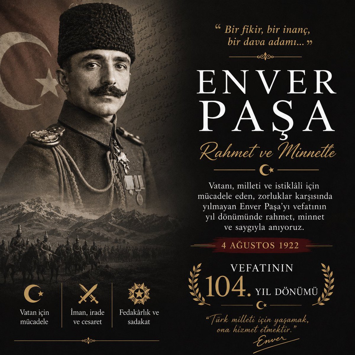 10urhoca's tweet photo. Harbiye Nazırı ve Başkumandan Vekili Enver Paşa’yı vefatının 104. yıl dönümünde rahmet ve saygıyla yâd ediyorum. Ruhu şad mekanı cennet olsun. #EnverPaşa https://t.co/NhTBJjriGW