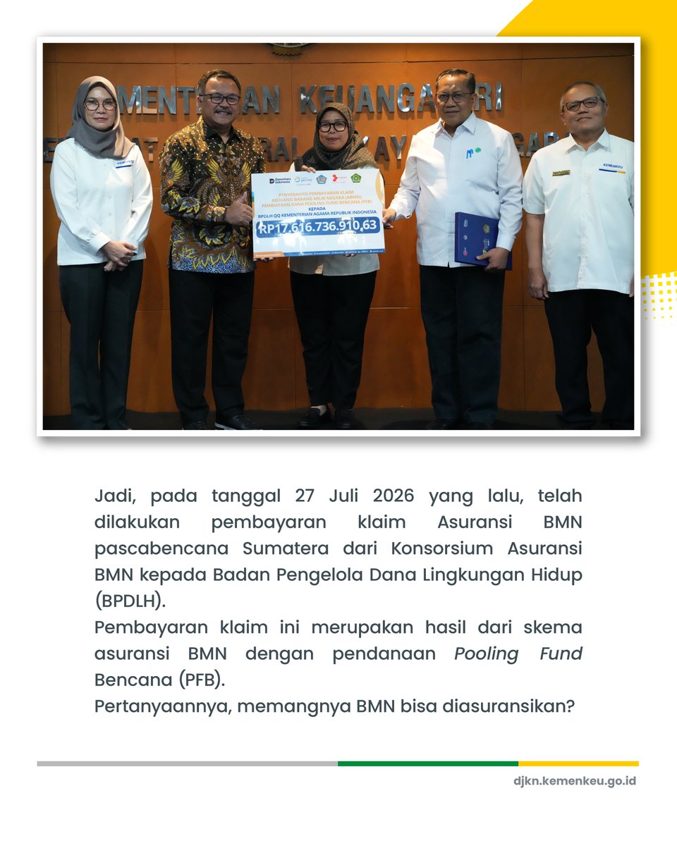 DitjenKN's tweet photo. Tidak hanya jiwa, BMN pun dapat diasuransikan.
Lewat Asuransi BMN (Barang Milik Negara) dengan skema Pooling Fund Bencana (PFB), #UangKita dikelola secara proaktif untuk memproteksi aset negara agar APBN tetap aman dan pelayanan masyarakat terus berjalan. https://t.co/Rt8PmbUGRs