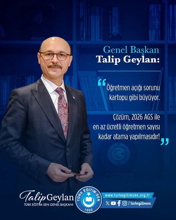 TalipGeylan06's tweet photo. 🔹2026 AGS kapsamında en az ücretli öğretmen sayısı kadar kontenjan ayrılmalıdır!

🔹Sendikamızın geçtiğimiz eğitim-öğretim yılında gerçekleştirdiği ücretli öğretmenlik araştırmasına göre, 62 ilde toplam 71 bin 757 ücretli öğretmen görev yapmaktadır. Ayrıca, 55 ilden elde ettiğimiz verilere göre öğretmen ihtiyacı 80 bin 449’dur. Bu tablo, öğretmen açığının ulaştığı boyutu açıkça ortaya koymaktadır.

🔹Talebimiz açıktır. Millî Eğitim Bakanlığı, 2026 AGS kapsamında en az mevcut ücretli öğretmen sayısı kadar kontenjan ayırmalıdır.

🔹Ücretli öğretmen sayısının 81 il genelinde yaklaşık 100 bine ulaştığı dikkate alındığında, 2026 AGS ile en az 100 bin atama yapılması hem eğitim sistemimizin acil öğretmen ihtiyacını karşılayacak hem de yıllardır atama bekleyen öğretmenlerimizin haklı beklentilerine cevap verecektir.

https://t.co/S6wxUA6Sf0…