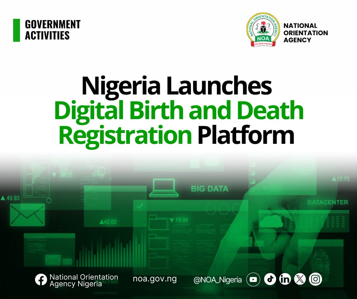 NOA_Nigeria's tweet photo. Getting a birth or death certificate in Nigeria just got easier!

Click https://t.co/2G2jAtarIJ to read more

Access the platform at: https://t.co/BSiSIMqXgL

You can also visit any NPC registration centre nationwide for assistance.

#VitalReg #DigitalNigeria #NPC https://t.co/pCWl4XMdJn