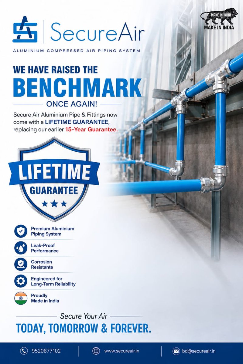 secureair_'s tweet photo. 🚀BIG NEWS FROM SECURE AIR! 🚀
  We have raised the benchmark once again.  Secure Air Aluminium Pipe &amp; Fittings now come with a LIFETIME GUARANTEE, replacing our earlier 15-Year Guarantee. This is more than just a warranty—it's a reflection of our confidence in the quality https://t.co/VZbCWgqfbq