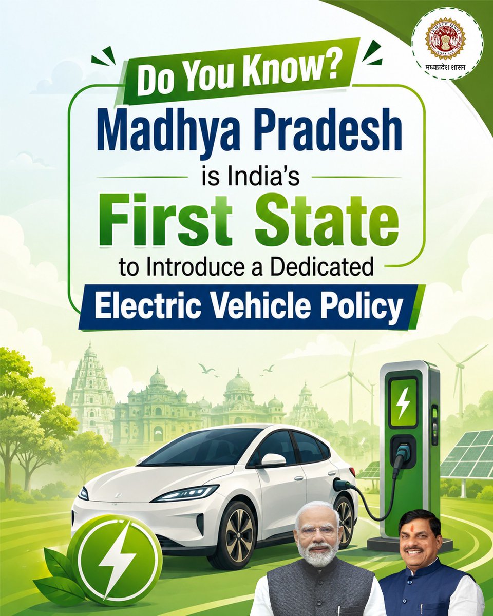 environment_mp's tweet photo. Driving India's EV Revolution🚗⚡
#MadhyaPradesh proudly leads the way as the first state to introduce a dedicated Electric Vehicle Policy.
#ElectricMobility #GreenMP #ElectricVehicle #SustainableDevelopment https://t.co/Md7zw9djxD