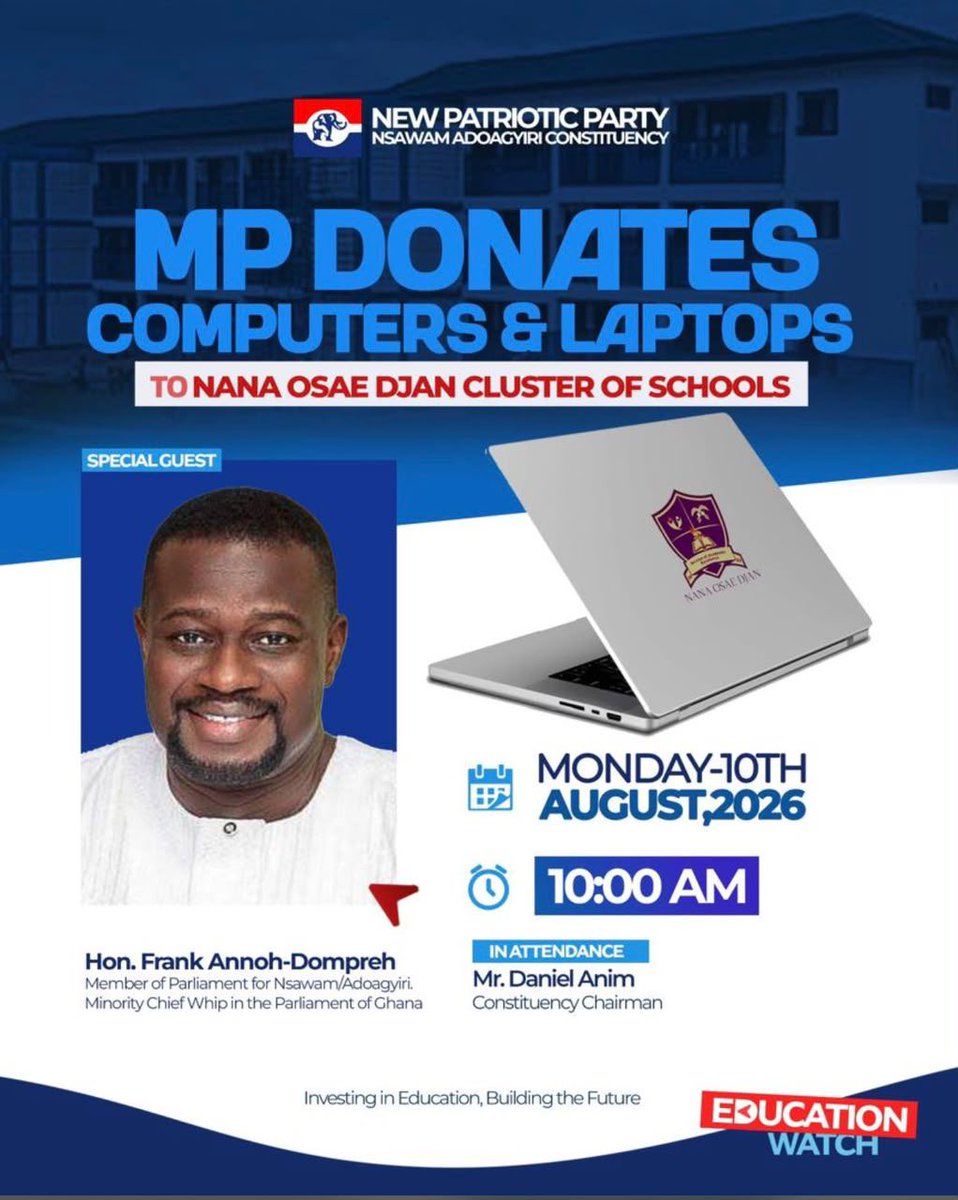sonofjacob98's tweet photo. Hon. Frank Annoh-Dompreh will donate laptops and computers to some schools in Nsawam-Adoagyiri come next week Monday
#LeadershipofService https://t.co/Smxf1qUrW0