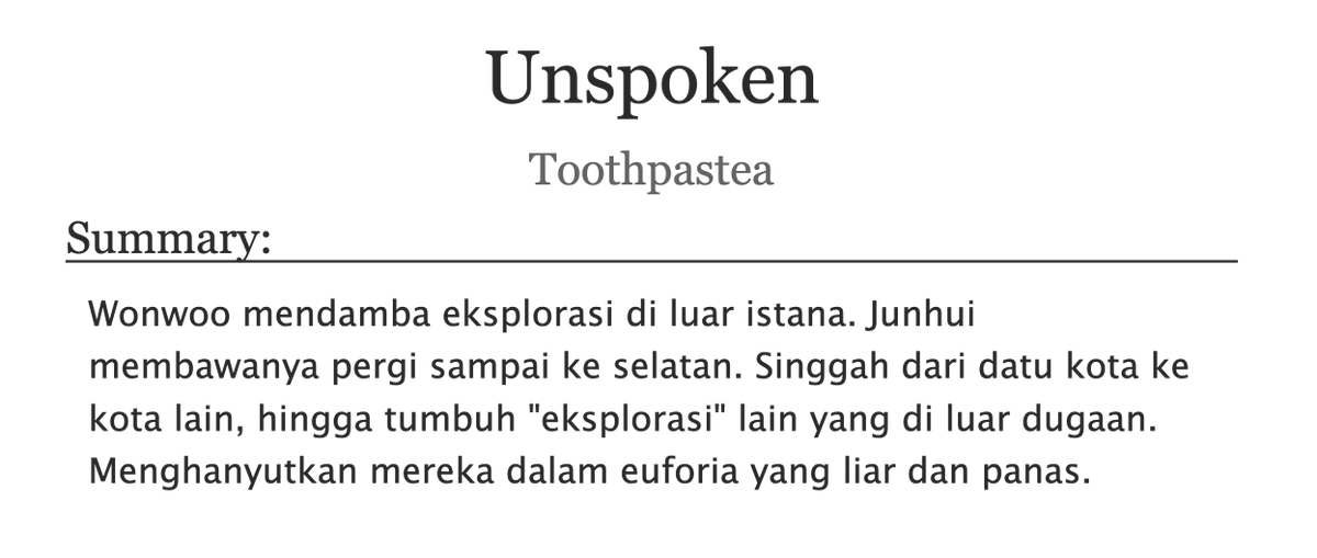 toothpasteaa's tweet photo. Unspoken 
- Wonhui AO3 Fic 
- Royal, History, Fluff, Lil-Adventure 
- 18K words, Indonesian, Rated-M/Explicit 

Link: https://t.co/GAt8XIpCFp https://t.co/Dm2gvd7XEF
