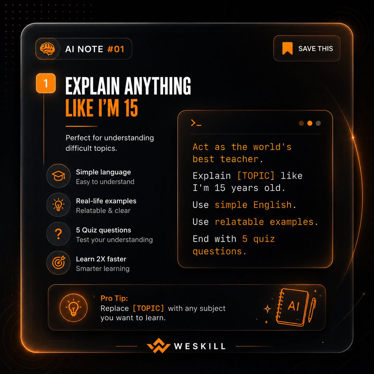 weskillorg's tweet photo. 5 Claude prompts every student should save 📚

Swipe → Learn Faster, Think Better

Comment "AI" to get the link 🔗

#ClaudeAI #StudyHacks #AITools #StudentLife #Weskill #StudyTips #ExamHacks #AILearningSeries #StudyMotivation #TechForStudents #AIHacks #StudyTips #CollegeHacks https://t.co/ILINccbS2s