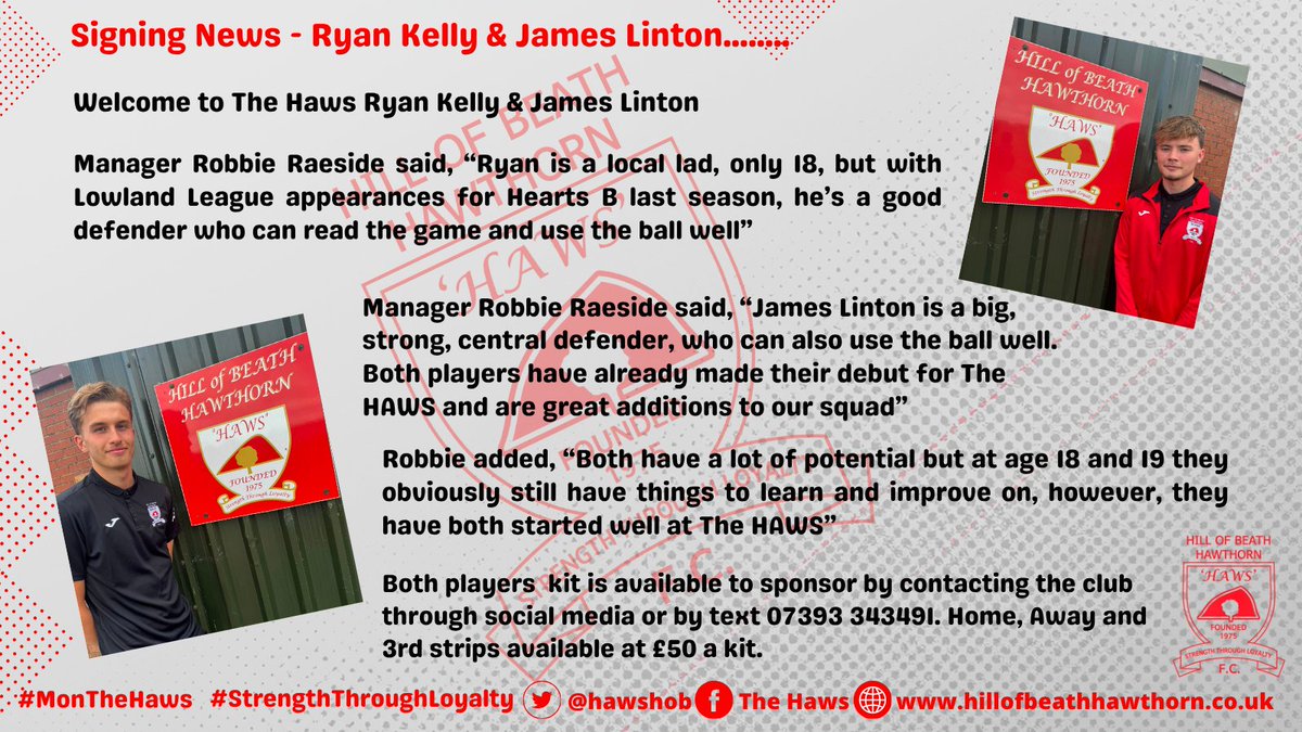 hawshob's tweet photo. New Player Signings......

Manager Robbie Raeside has added a further two signings to the squad, bringing in Ryan Kelly &amp; James Linton.

Welcome to the HAWS Ryan &amp; James! 🔴⚪️🔴 https://t.co/xJNPM81NVB