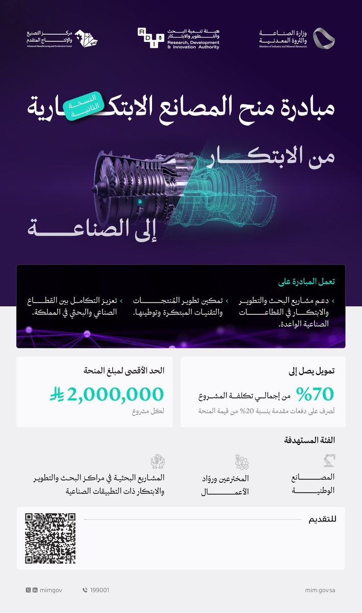 mimgov's tweet photo. تُقدم مبادرة "منح المصانع الابتكارية" مزايا وفرصًا نوعية لدعم توطين الصناعات، وتعزيز البحث والتطوير والابتكار في القطاع الصناعي.

لمعرفة المزيد:
https://t.co/W2Sbn9nyL5