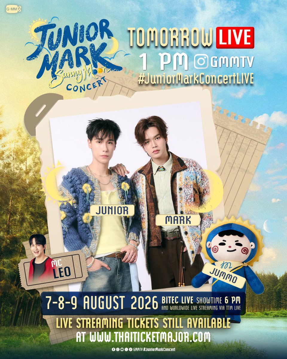 GMMTV's tweet photo. TOMORROW LIVE | #JuniorMarkConcert
มาเช็กความพร้อมกับ “จูเนียร์-มาร์ค” ก่อนไปเจอกันใน JUNIOR MARK SunnyMoon CONCERT 🧳🚐 แล้วเจอกันน้าา 

📍ทาง Instagram : GMMTV  
🕐 1 PM

📌 Buy Live Streaming Tickets 👉 https://t.co/K4iveYV2hI
🗓️ SEE YOU ON 7-8-9 AUGUST 2026 | BITEC LIVE

#GMMTV 
@jnnrrs @Markjrtn @jummo__gmmtv
