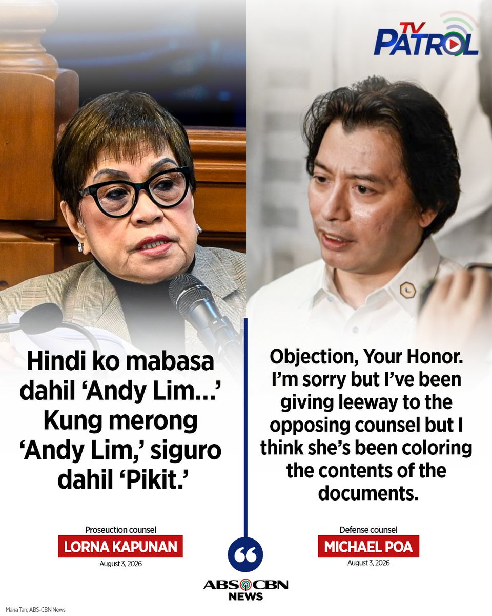 TVPatrol's tweet photo. 'MAY 'ANDY LIM' KASI MAY 'PIKIT'?'
 
Pinuna ni counsel for the prosecutors Lorna Kapunan ang mga pangalan sa acknowledgement receipts na ipinresenta para sa unang article of impeachment (misuse of confidential funds) laban kay Vice President Sara Duterte. #VPOnTrial https://t.co/LlqnFbZz3L