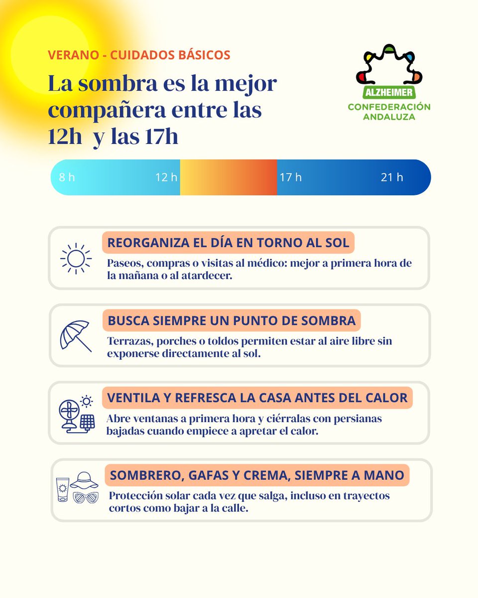 ConFEAFA's tweet photo. ☀️ En verano, mejor evitar el sol entre las 12:00 y las 17:00 h.

Adelanta los paseos, busca siempre la sombra y protege la piel con sombrero, gafas y crema solar.

Pequeños gestos que ayudan a prevenir grandes problemas.

#ConFEAFA #Alzheimer #CuidadosEnVerano https://t.co/vzUZ2gEEZ9