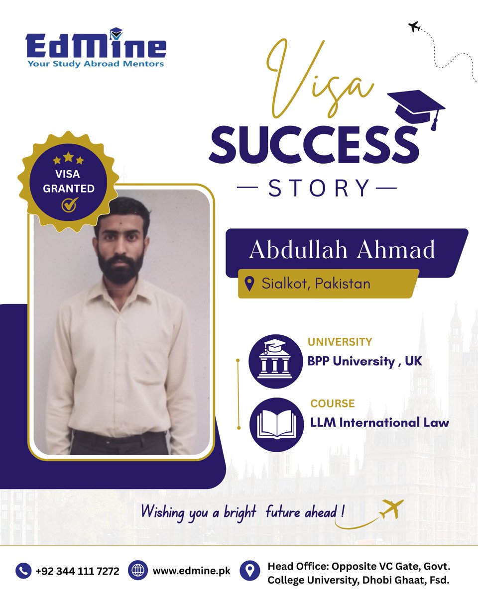 edmine_official's tweet photo. Congratulations to Abdullah Ahmad from Sialkot on securing his UK study visa for LLM International Law at BPP University.
#UKStudyVisa #VisaSuccess #BPPUniversity #StudyInUK #EdMine #StudyAbroad https://t.co/HhcBStNcus
