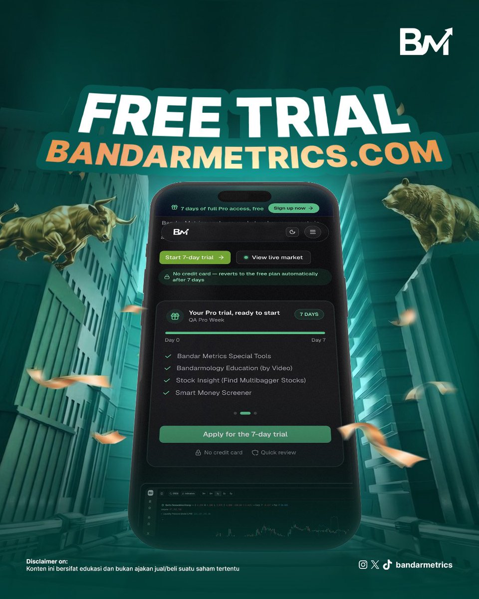 bandarmetrics's tweet photo. 🚨 JANGAN SAMPAI KETINGGALAN! FREE TRIAL BANDARMETRICS RESMI DIBUKA 🚨

Ini kesempatan terbaik untuk merasakan langsung pengalaman menggunakan website Bandarmetrics.

📅 Periode Claim: 4–10Agustus 2026
🎁 Durasi Trial: 7 Hari (setelah verifikasi)

Cara Claim: 
✅ Follow  X @bandarmetrics
✅ Share/Repost postingan launching ke Media Sosial kalian.
✅ koment pada postingan dengan menyertakan hashtag #FREETRIALBM dan tag 2 temanmu
✅ Registrasi akun di https://t.co/C15jaTj05o (khusus user baru)
✅ Upload bukti follow & share saat registrasi ke website Bandarmetrics 
✅ Join Grup Telegram BM community setelah terverifikasi mendapatkan Free trial 
https://t.co/yF2v7oxCgd

Syarat & Ketentuan: 
• Khusus pengguna baru/ Pengguna Paket Basic (belum pernah berlangganan Pro Package).
• 1 orang hanya boleh memiliki 1 akun (akun ganda didiskualifikasi).
• Akun tidak dalam kondisi lock / Private saat melakukan claim.
• Verifikasi maksimal 1×24 jam.
• Free Trial tidak dapat dipindahtangankan atau diperjualbelikan.
• Free Trial akan berakhir otomatis (tanpa auto-renewal).
⏳ Periode terbatas! Jangan sampai kelewatan kesempatan ini. 🚀