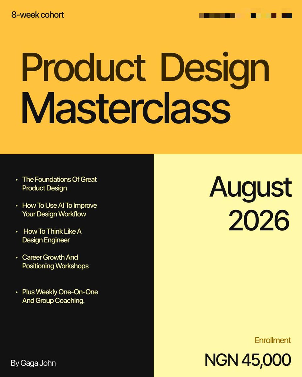 Johnogaga4's tweet photo. Learn how to think like a product designer, solve real-world problems, and design products that users actually love.

In this Cohort,  you'll learn:
- Product thinking and product strategy
- Creative thinking and design direction
- UI and visual design fundamentals
- Design systems and variables
- Working effectively with developers and stakeholders
- Using AI as a design partner

Whether you're transitioning into product design, building a stronger foundation, or looking to level up your skills, this cohort is designed to help you grow

Registration is now open. Secure your spot
🔗 https://t.co/J7kPgKUDjL