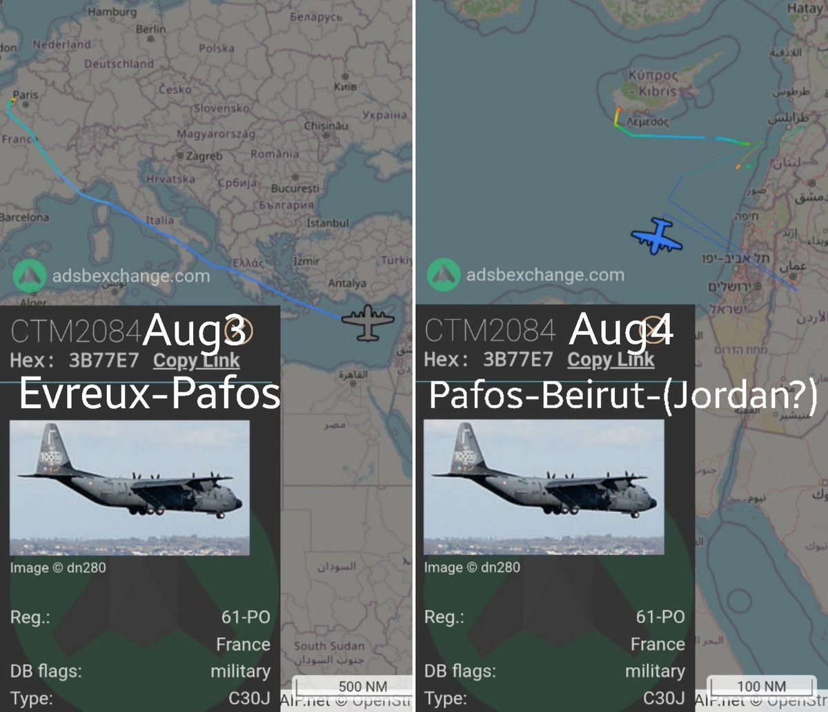 LebanonJets's tweet photo. #France AirForce C130 #61PO #3B77E7 yesterday (Aug3) left Evreux to Pafos for the night, this morning into #Beirut onwards to (Jordan?) as "COTAM" #CTM2084 https://t.co/OtFT5PFNdc