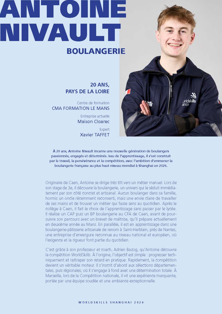 cnbpf's tweet photo. ✨ Direction Shanghai 2026 !

La France peut compter sur deux jeunes talents passionnés pour représenter l'excellence de la boulangerie-pâtisserie artisanale lors de la prochaine compétition WorldSkills du 22 au 27 septembre.

🥖 Antoine Nivault, en boulangerie.
 🍰 Alex Bordet, en pâtisserie-confiserie.

Tous deux sont issus de l'apprentissage et incarnent le savoir-faire artisanal, l'engagement et la passion qui font la force de notre artisanat. 
Après un parcours remarquable en compétition, ils se préparent désormais à relever le défi mondial.

👏 Toute la profession est derrière eux et leur souhaite pleine réussite pour porter haut les couleurs de la France à Shanghai !

#WorldSkills #Shanghai2026 #Boulangerie #Pâtisserie #Artisanat #Apprentissage #Excellence #EquipeDeFrance