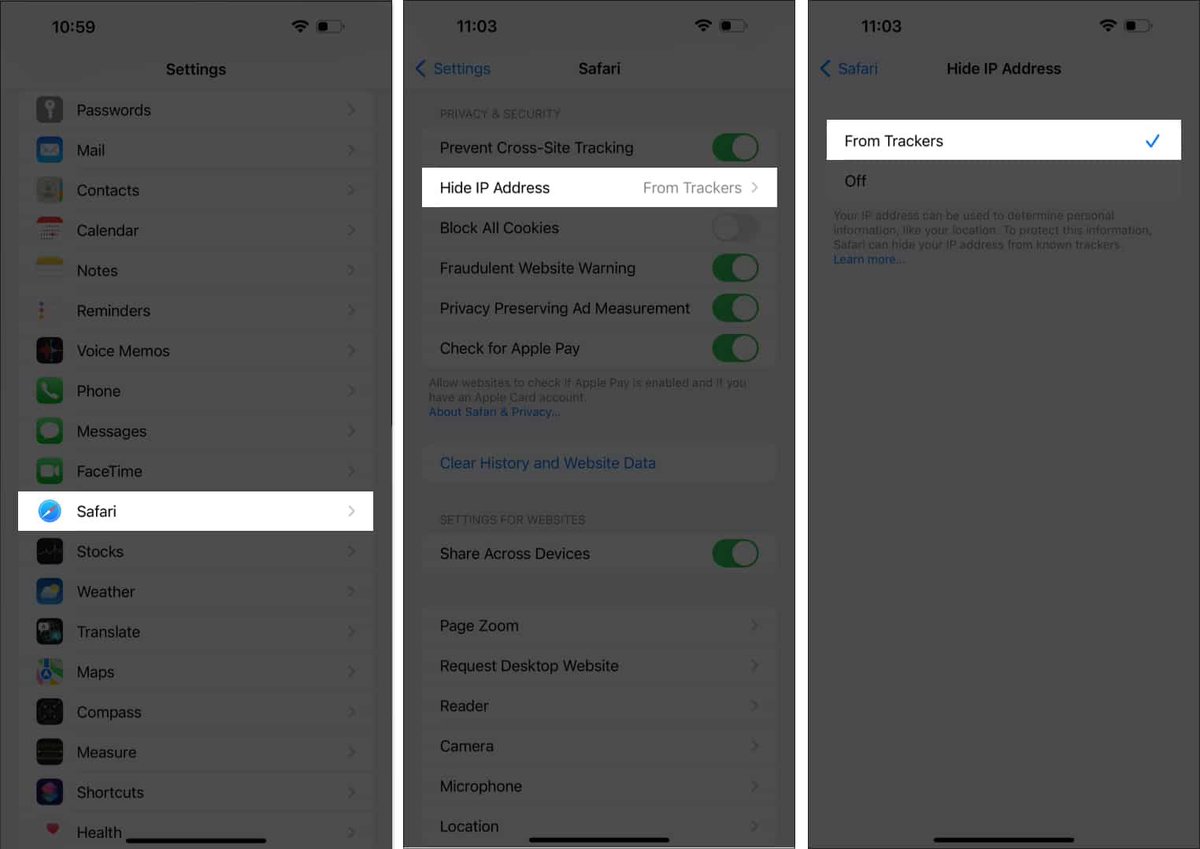 0xAdesola's tweet photo. 3. Hide your IP address

Websites see exactly where you live. Safari has a shield for this. 

Turn it on.

Settings → Safari → Hide IP Address → “From Trackers”

Go invisible👻 https://t.co/Id3EpufTn7