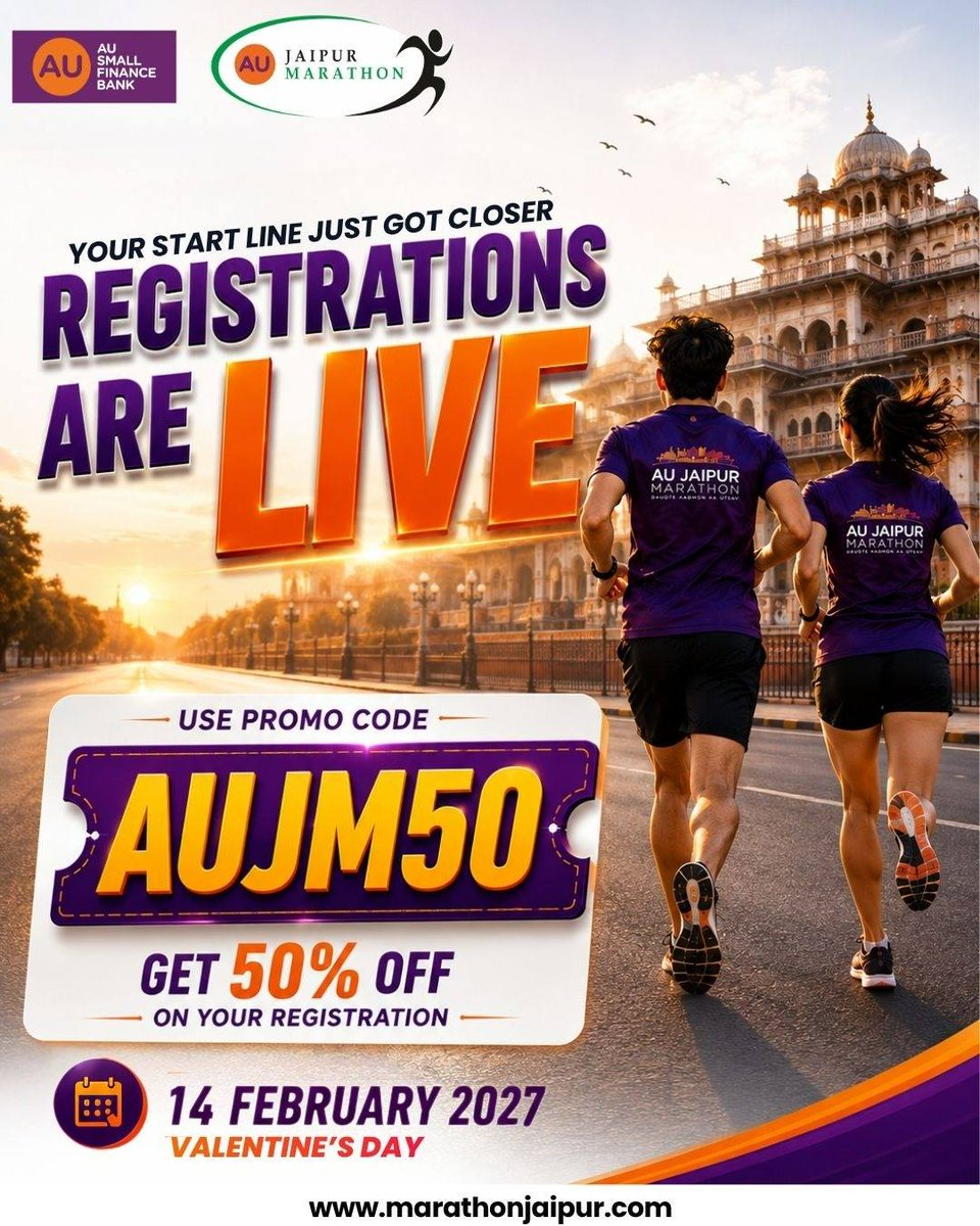 runjaipur's tweet photo. Registrations for the AU Jaipur Marathon 2027 are officially LIVE.
๐ Register Now: https://t.co/bd2IsacsJn
(Registrations Live, AU Jaipur Marathon 2027, Promo Code AUJM50, 50 Percent Off, Valentine's Day Run, Pink City Jaipur)
#aujaipurmarathon #aujm2027 #runjaipur https://t.co/WgovkgKJX4