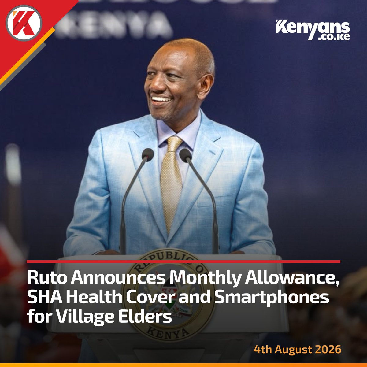 Kenyans's tweet photo. Ruto announces monthly allowance, SHA health cover and smartphones for village elders https://t.co/WP2tnYZCTG