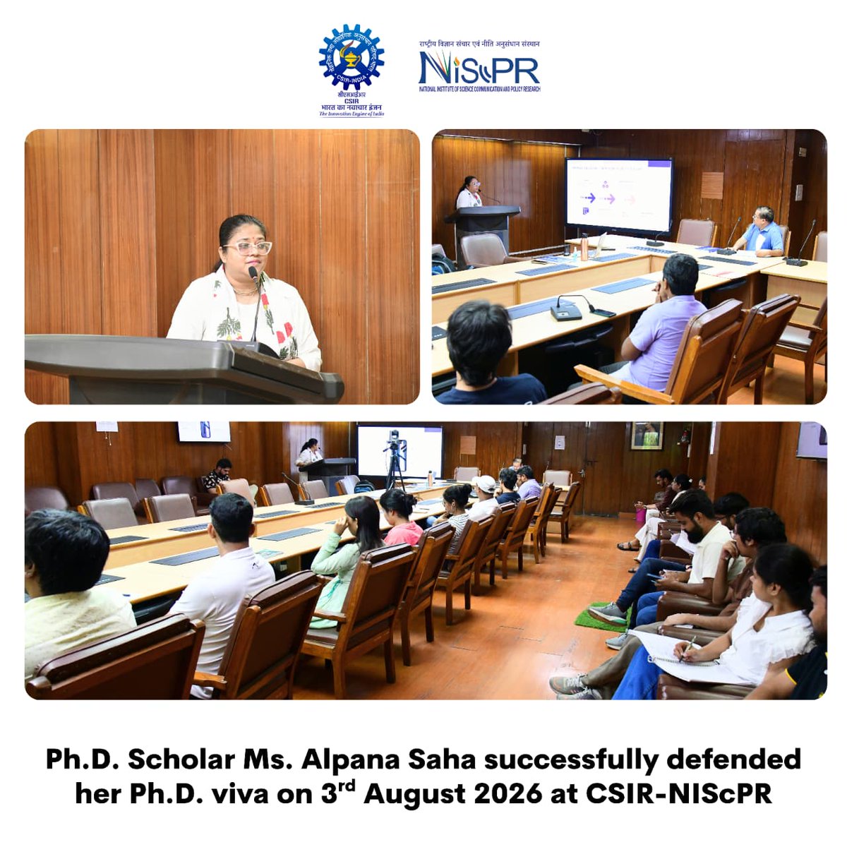 CSIR_NIScPR's tweet photo. Ms. Alpana Saha has successfully completed her Viva-Voce Examination under the supervision of Dr. G. Mahesh.

The title of her research work is:

“A Global Assessment of Open Access Movement and its Impact on Popular Science Communication.”

The Viva-Voce Examination was conducted by Prof. Krishna Kumar Mishra, Retired Associate Professor (G), Homi Bhabha Centre for Science Education, Tata Institute of Fundamental Research (Deemed to be University), Mumbai – 400088, who joined the examination online as the External Examiner.

The proceedings of the Viva-Voce Examination were steered by Dr. Shivnarayan on behalf of the Coordinator, AcSIR.

On this occasion, the Supervisor,@GMahesh7, and the DAC Members (Dr. Geetha Vani Rayasam, Dr. Shobhna Choudhary, and Dr. Paramananda Barman) congratulated Ms. @alpanarim on the successful completion of her Ph.D. and wished her a bright and successful future.

@DrJitendraSingh @CSIR_IND @GVRayasam  @HBCSE_TIFR @ParamBarman  @AcSIR_India

#PhD #VivaVoce #AcademicAchievement #ResearchExcellence #OpenAccess #ScienceCommunication