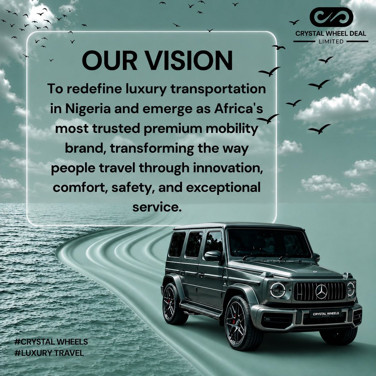 Crystal_Wheels's tweet photo. At Crystal Wheels, our mission is simple:

To transform transportation in Nigeria by delivering world-class luxury mobility solutions that combine comfort, safety, reliability, innovation, and exceptional customer service. Making every journey within cities or across states seamless and memorable.

Our vision:

To redefine luxury transportation in Nigeria and emerge as Africa’s most trusted premium mobility brand, transforming the way people travel through innovation, comfort, safety and exceptional service.

Tell us: What does luxury travel mean to you?

#CrystalWheels
#MissionDriven
#LuxuryMobility
#Travelgoals