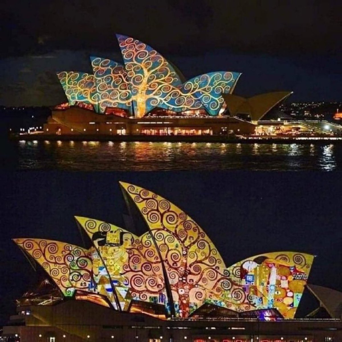 sciencegirl's tweet photo. The Sydney Opera House illuminated with Gustav Klimt's The Tree of Life. https://t.co/nx7ZEarjV1