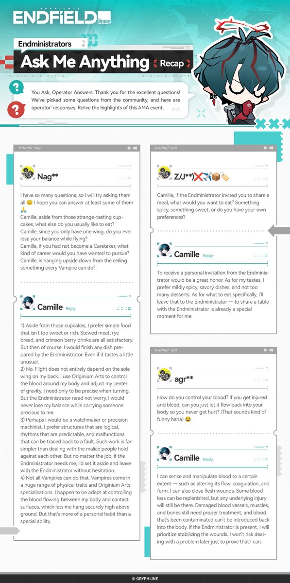 AKEndfield's tweet photo. [Endministrators, Ask Me Anything] Event Recap

You Ask, Camille Answers! Thank you for the excellent questions!

We've picked some questions from the community, and here are Camille's responses.

Let's relive the highlights from this AMA event!

#ArknightsEndfield #EndfieldAMA https://t.co/A4MBcC4h2B