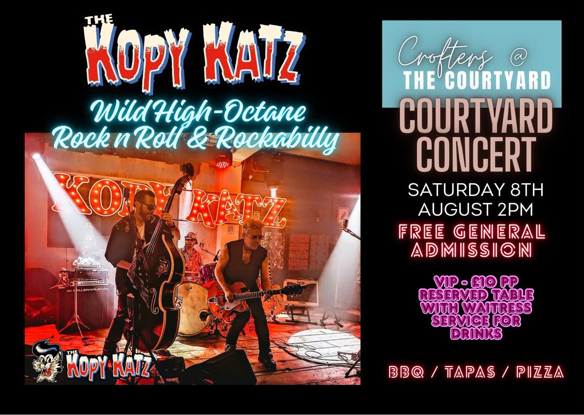 TheKopyKatz's tweet photo. 💥 NEXT GIG: #Witham, #Essex this Saturday afternoon. This is a little different, a fabulous intimate gig outdoors in the courtyard at Crofters. Hope u can join us guys 🎵🎶💥 #rockabilly https://t.co/vOrF80B5KP