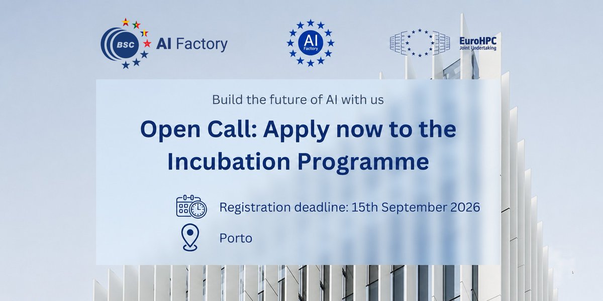 acnca_pt's tweet photo. 🚀 Applications are open for the BSC #AI Factory Incubation Programme at UPTEC in Porto.
Got a startup or SME with an AI-based product? Get access to #HPC infrastructure, specialised technical support, and incubation space.

Register until 15 September
🔗 https://t.co/rbY8LNj4Vn? https://t.co/Ix33dhTpzx