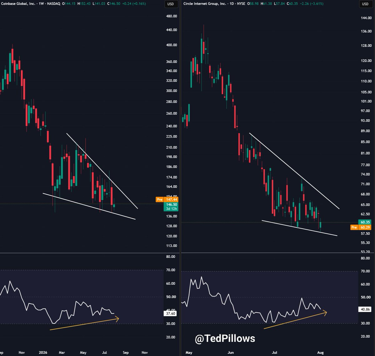 TedPillows's tweet photo. Cathie Wood bought $8,000,000 in Coinbase shares and $1,400,000 in Circle shares yesterday.

And the buying happened when $COIN and $CRCL had confirmed bullish divergence.

Looks good for higher. https://t.co/1Bh6ZMzOP6