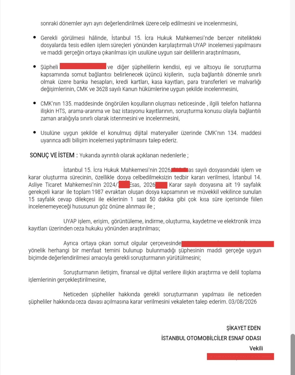 ismetDALCI's tweet photo. Değerli Taksi Esnafımız, 

Korsan Martı Tag erişim engeli davasında;

Dosyada celp edilen 15 sayfalık cevap dilekçemiz saat 13.00'te sisteme yüklenmiş olup,  mahkeme tarafından aynı gün saat 14.50'de yani 1 saat 50 dakika içinde 19 sayfalık Ticaret mahkemesi kararı okunup, 1987 adet evrak incelenip gerekçeli karar yazılmış ve UYAP sistemine yüklenmiştir.

Hayatın olağan akışına uymayan bir hızda icra başvurumuzu onaylamayan ve  subjektif karar aldığını düşündüğümüz;

➡️İstanbul 15. icra Hukuk Mahkemesi Hakimi, Katip ve memurları hakkında gerekli araştırmanın ve soruşturmanın yapılması ile ilgili 
İstanbul Cumhuriyet Başsavcılığına SUÇ DUYURUSUNDA BULUNDUK. 

Ayrıca Adalet Bakanlığı'na da, ilgili hakim ve mahkeme hakkında soruşturma ve denetim yapılması için gerekli ihbarları ilettik.

Siz değerli Taksi esnafımızın bilgilerine sunarım.

İSMET DALCI
İSTANBUL TAKSİCİLER ESNAF ODASI BAŞKANI

@MehmetYiginer 
@tsofresmi 
@istesob 
@adalet_bakanlik 
@abakingurlek 
@Akparti 
@abdullahozdemir