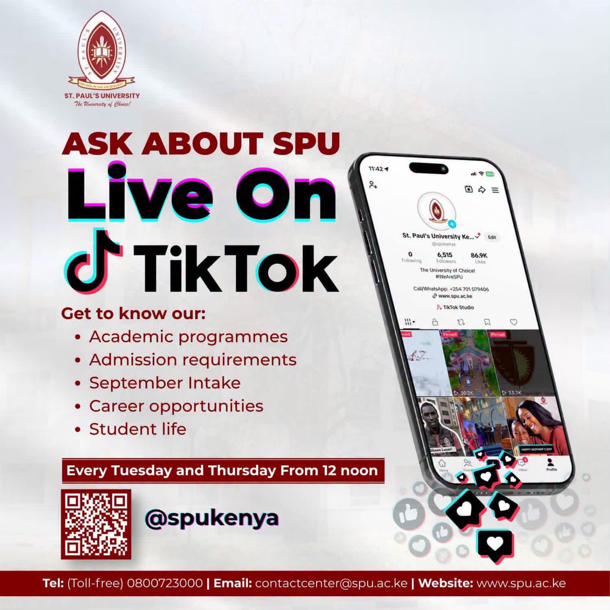 SPUKenya's tweet photo. WE ARE LIVE! | ASK SPU LIVE

Do you have questions about admissions, programmes, fees, student life, or what it’s like to study at St. Paul’s University?

Join us right now on TikTok Live as we answer your questions and take you through everything you need to know about joining SPU.

Drop your questions in the comments and let’s have the conversation! 

 Join the Live now!https://t.co/lf5QiMiGBG

ASK SPU LIVE — Your questions. Our answers. Your future starts here. @SPUNairobi 
#AskSPULive #SPUSeptemberIntake #JoinSPU #SPULive