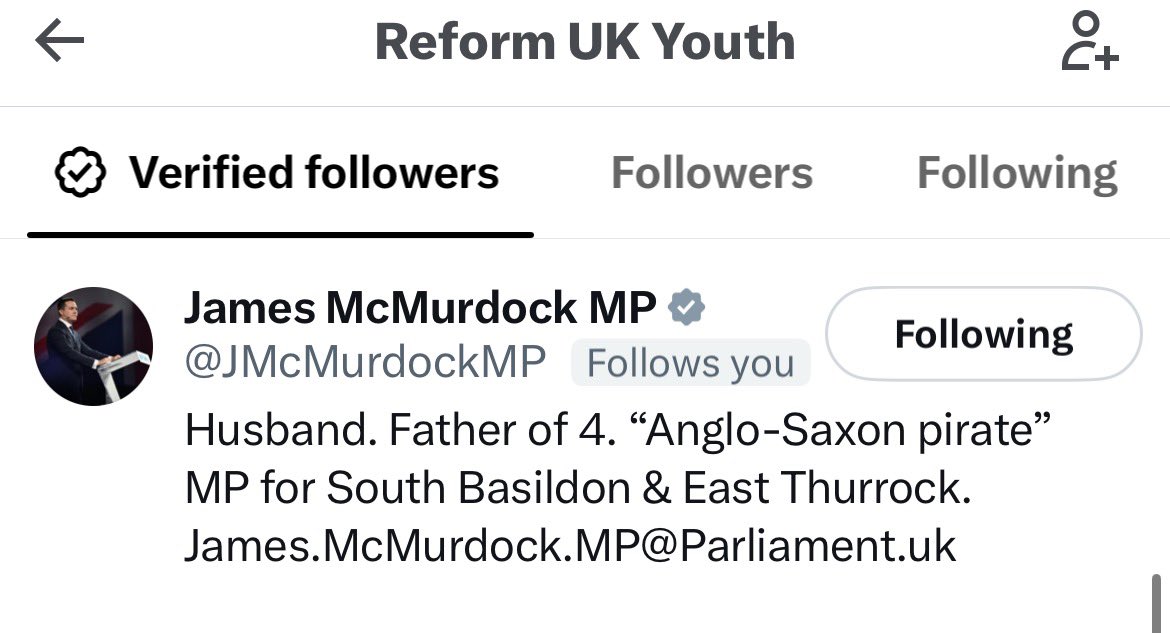 YoungReformers_'s tweet photo. We would also like to thank @JMcMurdockMP for his follow 🩵

While he isn’t currently a @reformparty_uk MP, having his support of our (unofficial) organisation @ReformUKYouth is truly appreciated 🙏 https://t.co/SL2WAP2hDd
