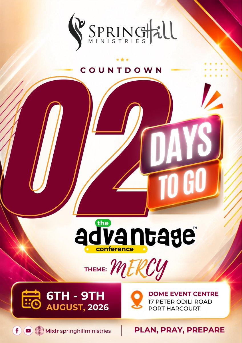 springhilmnstry's tweet photo. We canโt keep calm! It is less than 48 hours to go!
Showers of Mercy are here!
Who is excited? ๐๐บ๐ฅณ
๐๏ธThursday, August 6th - Sunday, August 9th 2026
#mercy
#springhillministries
#TheAdvantageConference2026
#RaisingTheStandard
#JacksonAdebisiMinistries https://t.co/SjkXSBzXau