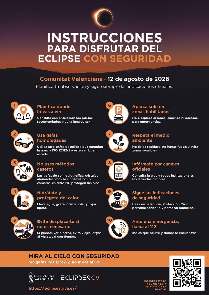 GVAsagunt's tweet photo. 🌘El 12 de agosto tendremos el privilegio de presenciar un eclipse solar. 
La @GVAsanitat nos indica instrucciones importantes con el fin de garantizar la protección de la salud visual.
👓 Usa solo gafas homologadas ISO 12312-2.
📷https://t.co/yLGf73KvlJ https://t.co/P6lMIEssXe