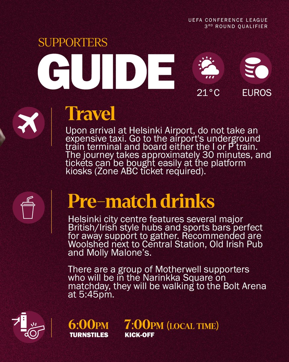 MotherwellFC's tweet photo. The European adventure takes us to Helsinki 🇫🇮

There are under 10 tickets remaining. If you wish to be in the stadium, we recommend purchasing as soon as possible.