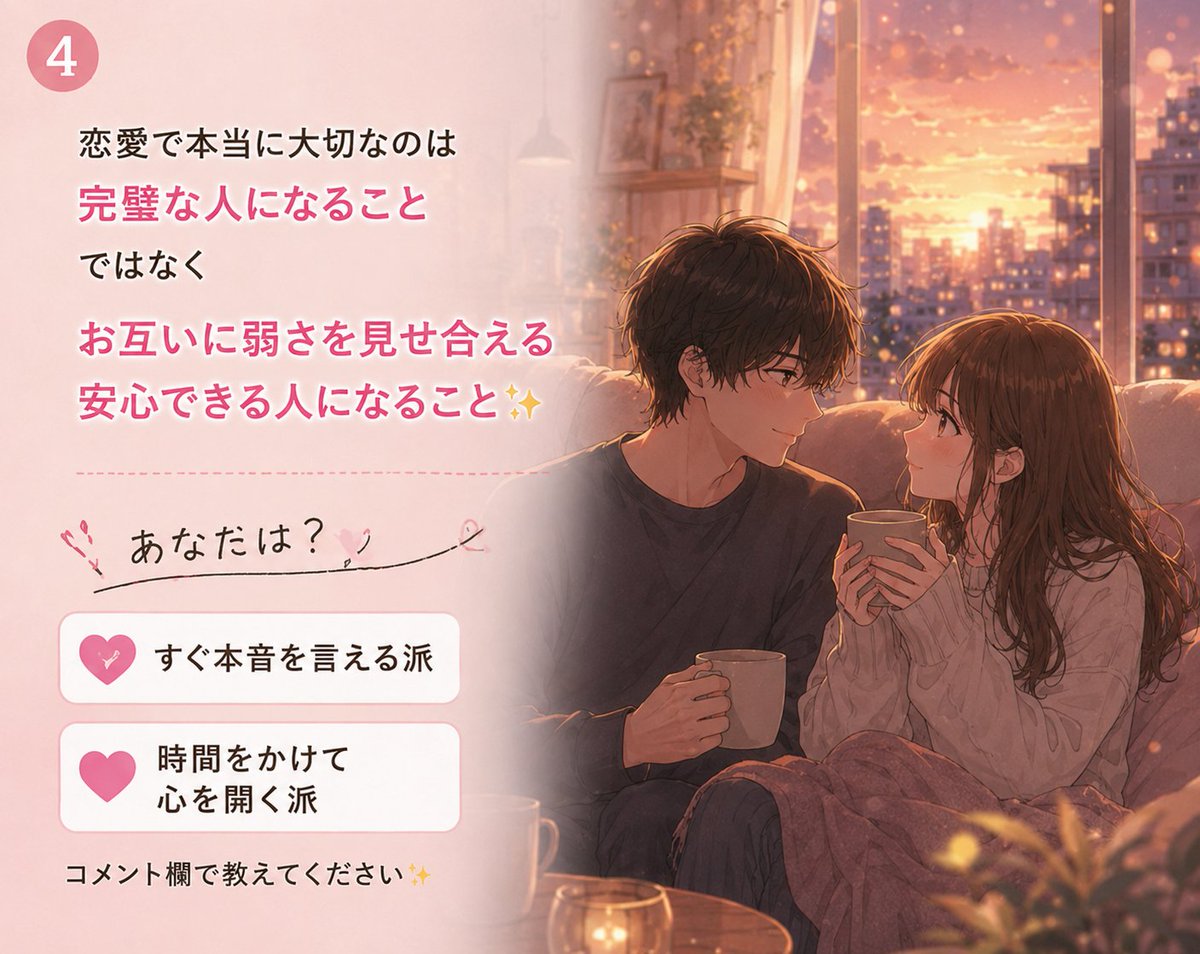 yoitoki_japan's tweet photo. 自己開示の返報性（じこかいじのへんぽうせい）

「好きな人には、完璧な自分を見せなきゃいけない」

そう思いがちですが、心理学では少し違う考え方をします。

自己開示の返報性とは、

人は、相手が自分の内面や弱さを打ち明けると、自分も同じように心を開きたくなる

という心理現象です。

例えば、

・「最近、少し仕事で悩んでいて…」

・「実はこういうのが苦手なんだよね」

あなたが素顔を見せることで、相手も

「自分を信頼してくれている」

「私も本音を話してみよう」

と親しみを感じやすくなります。

プロフィールをチェックしてね〜〜

実際に、

「相手の弱みを知った瞬間に、グッと距離が縮まった」

という経験がある人も少なくありません。

ただし、いきなり重すぎる相談をするのではなく、関係性に合わせて少しずつ開示していくことが大切です。

無理に自分をよく見せるよりも、

・ちょっとした失敗談を共有する

・好きなものや苦手を素直に伝える

こうした積み重ねが、長期的な深い信頼関係につながります。

恋愛で本当に大切なのは、

“完璧な人になること”ではなく、“お互いに弱さを見せ合える安心できる人になること”

なのかもしれません。

あなたは、

すぐ本音を言える派ですか？

それとも

時間をかけて心を開く派ですか？

ぜひコメント欄で教えてください✨ 

#yoitoki 　#ヨイトキ　#マッチングアプリ　#恋愛心理学　#恋活