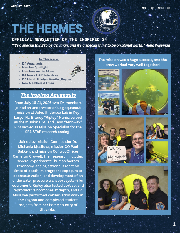 theinspired24's tweet photo. The August 2026 Edition of I24 Newsletter, The Hermes, is now available! 🚀🛰️📡💫
Check it out!
https://t.co/fedIzvqm85
#space #nasa #overvieweffect #astronaut #ISS https://t.co/F8Mb9JipME