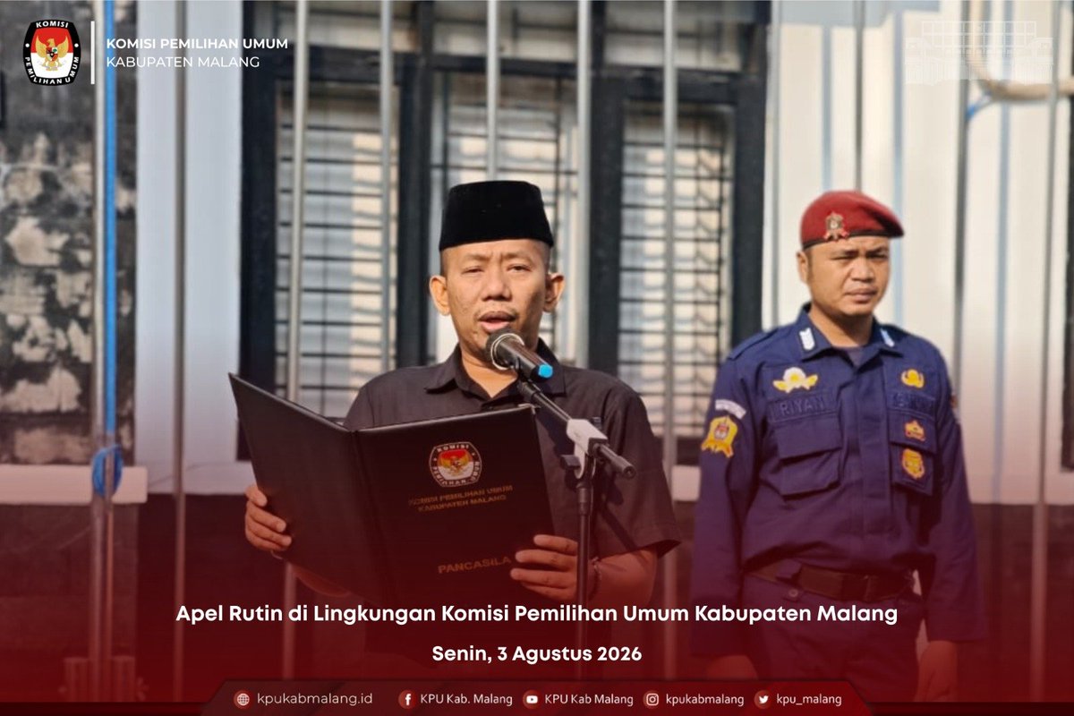 kpu_malang's tweet photo. KPU Kabupaten Malang kembali melaksanakan apel pagi rutin sebagai bentuk kedisiplinan dan kesiapan dalam menjalankan tugas pelayanan publik pada Senin (27/7/2026).

#KPUMelayani #KPUKabupatenMalang https://t.co/k1d2Nub7c3