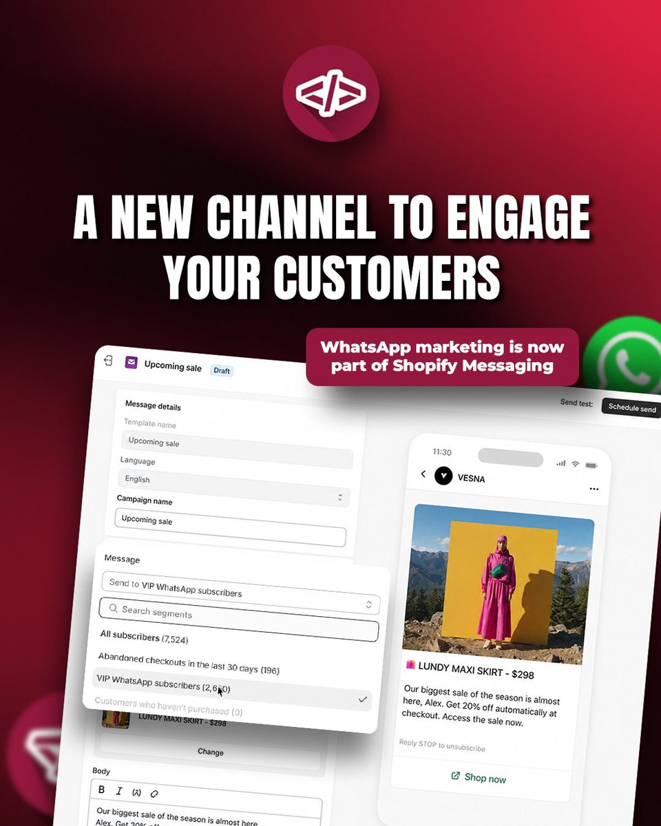 EffectiveAppsHQ's tweet photo. WhatsApp marketing is now built into Shopify Messaging.
Create targeted campaigns for VIP customers, abandoned checkouts, and upcoming sales then reach shoppers directly on WhatsApp.
#shopifyupdates #whatsappmarketing #ecommercemarketing #customerengagement #effectiveapps https://t.co/NvpFtbWi3r