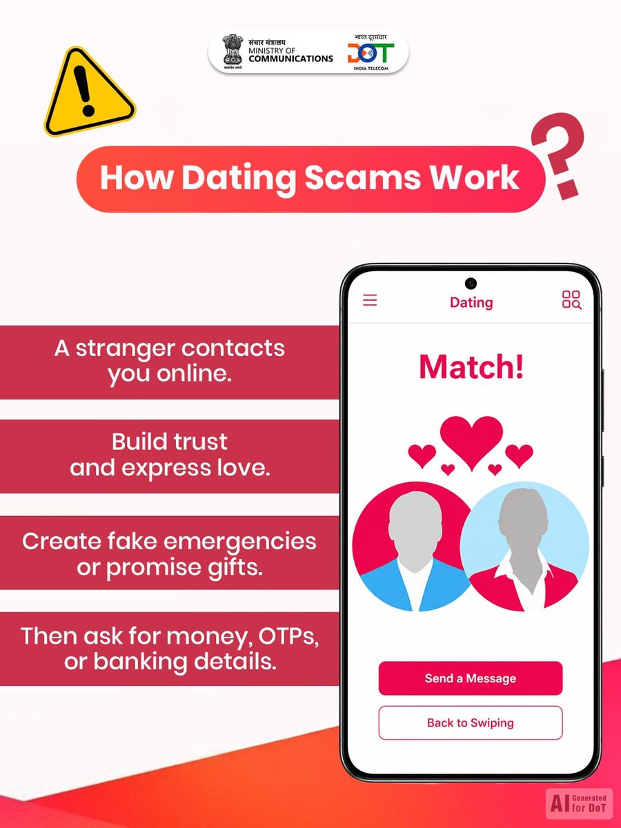 Guj_LSA_DoT_MoC's tweet photo. A perfect match can sometimes be a perfect trap.
Scammers build trust, create fake emergencies, promise gifts, and then ask for money, OTPs, or your banking details.
Report any suspicious communications through Sanchar Saathi.
#Scame #Technology #JM_Scindia #PIB_India #DDNewslive