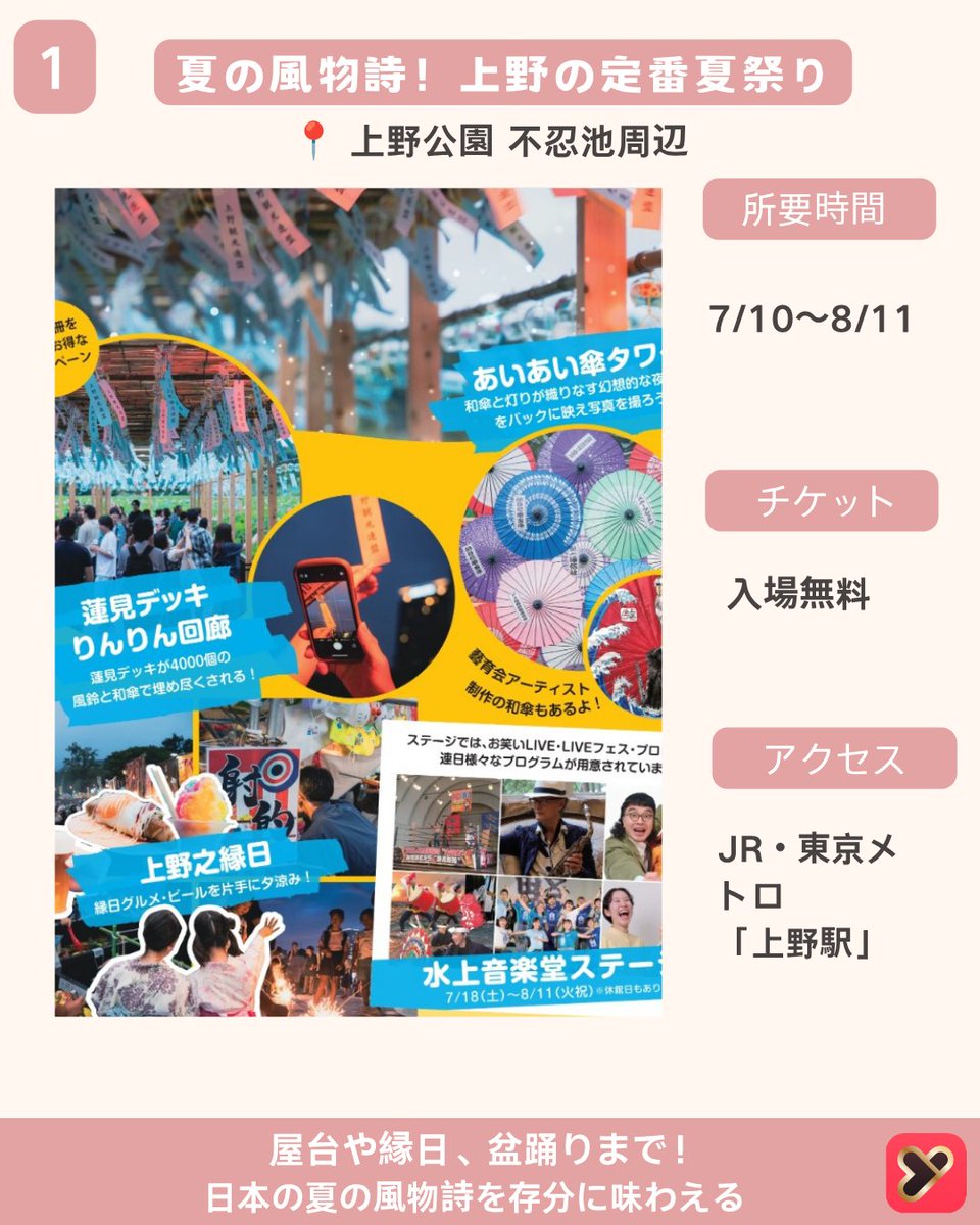 yoitoki_japan's tweet photo. 今回は
【お盆休みに行きたい東京イベント4選】
をご紹介しました！

夏祭りや話題の展覧会など、
お盆休みに楽しめるイベントを厳選✨

気になるイベントがあったら
【保存】して夏のおでかけに役立ててね📌

ーーーーーーーーーー

① 第75回 江戸趣味納涼大会 うえの夏まつり

📍開催場所
上野公園 不忍池周辺
東京都台東区上野公園

📅開催期間
2026年7月10日〜8月11日

🕒開催時間
イベントにより異なる

🚃アクセス
JR・東京メトロ
「上野駅」徒歩約5分

🎫入場料
無料

💡おすすめポイント
屋台や縁日、
盆踊りなど夏の風物詩が楽しめる
上野の定番夏祭り。

ーーーーーーーーーー

② 大ゴッホ展「夜のカフェテラス」

📍開催場所
東京都美術館
東京都台東区上野公園8-36

📅開催期間
2026年5月29日〜8月12日

🕒営業時間
9:30〜17:30
※金曜日は20:00まで
（最終入場は閉館30分前）

🚃アクセス
JR「上野駅」徒歩約7分

🎫入場料
一般2,300円
大学生・専門学生1,300円
高校生以下無料

💡おすすめポイント
名作『夜のカフェテラス』が
約20年ぶりに来日。
ゴッホの世界をじっくり楽しめる特別展。

ーーーーーーーーーー

③ ピクサーの世界展

📍開催場所
寺田倉庫 G1ビル
東京都江東区

📅開催期間
開催中〜2026年10月12日

🕒営業時間
10:00〜18:00
※休館日あり

🚃アクセス
りんかい線
「天王洲アイル駅」徒歩約5分

🎫チケット
一般2,400円
※券種により異なる

💡おすすめポイント
『トイ・ストーリー』や
『リメンバー・ミー』など、
ピクサー映画の世界を体験できる
没入型展示。

ーーーーーーーーーー

④ TOKYO レインボー夏祭り

📍開催場所
東京ジョイポリス
東京都港区

📅開催期間
2026年7月16日〜8月31日

🕒営業時間
平日11:00〜20:00
土日祝11:00〜21:00

🚃アクセス
ゆりかもめ
「お台場海浜公園駅」徒歩約2分

🎫入場料
イベント参加無料
※施設入場料は別途

💡おすすめポイント
屋内で縁日や夏祭り気分を満喫。
暑い日や雨の日でも
快適に楽しめるイベント。

ーーーーーーーーーー

気になるイベントがあったらコメントで教えてね💬

#デート
#お盆休み
#夏祭り
#東京おでかけ
#yoitoki
#ヨイトキ