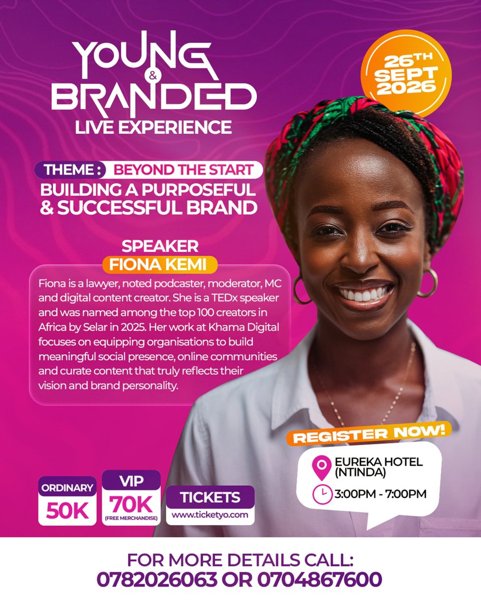 YoungBranded's tweet photo. The wait is over... our first speaker is here 🔥

We're excited to unveil @fionakemi_ the first of four incredible speakers taking the stage at the Young &amp; Branded Live Experience 2026.

📅 26th September 2026
📍 Eureka Hotel, Ntinda

Register 🔗 https://t.co/yS3L0wDpPC https://t.co/Vi3qMGzmBQ