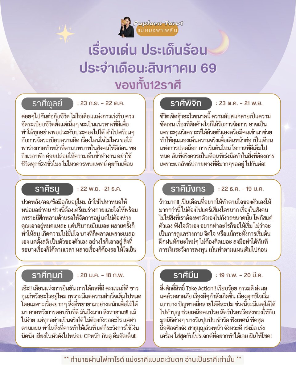 dingaploen's tweet photo. 🎉 "เรื่องเด่น ประเด็นร้อน ประจำเดือน:สิงหาคมของทั้ง 12 ราศี "

#หมายเหตุ:
✅ ศาสตร์การทำนายของแม่หมอพาเพลินเน้นไพ่ทาโรต์ระบบ Rider Waite พื้นความรู้มาจากประเทศอังกฤษ จึงอ้างอิงความรู้การเปิดไพ่ทาโรต์และการแบ่งราศีตามหลักตะวันตกค่ะ
✅ เน้นอ่านเป็นราศีไม่ใช่ลัคนาค่ะ
.
🔮จ้างงานแบรนด์/ซื้อสินค้า/สมัครเรียน/จองคิว 🏠💚 @paploentarot **พิมพ์@ก่อนคำว่าpaploentarot นะคะ😊**
.
#แม่หมอพาเพลิน #ดูไพ่ยิปซีกับแม่หมอพาเพลิน #paploentarot