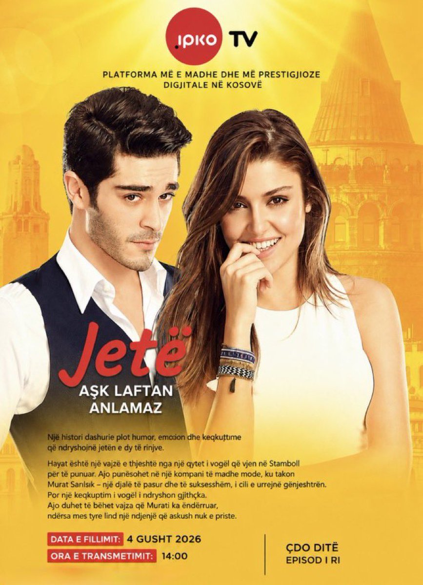 TvDunyasii's tweet photo. Kosova’da yayın yapan IPKO TV, başrollerinde #BurakDeniz ve #HandeErçel'in yer aldığı, #AşkLaftanAnlamaz” dizisini “Jetë” adıyla "Turkish Stories" kanalında izleyiciyle buluşturmaya başladı. https://t.co/3EBl8Z2VtW